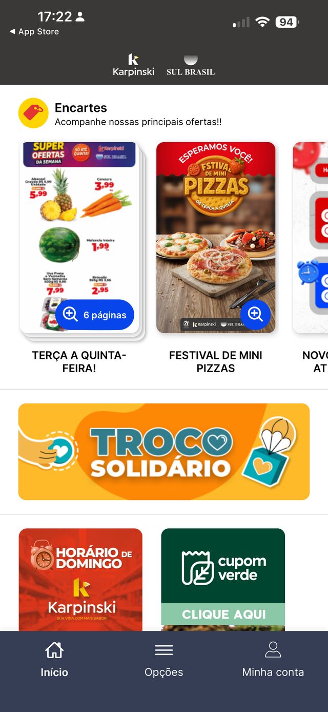 Tela inicial do aplicativo Karpinski no iPhone, com os encartes de ofertas da semana